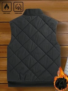 Manfinity Homme 男士秋冬保暖衬里背心、立领开衫加厚外套、宽松无袖夹克 - 黑色 - 查看 3