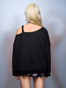 Black Jack X ROMWE Women's Casual Portrait Pattern Oblique Shoulder Loose Sweatshirt, Autumn - Black - View 3
