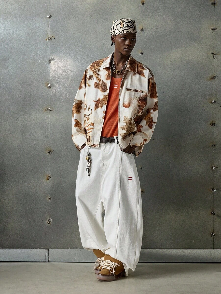 NEON BLANC Men's Digital Print Turndown Collar Long Sleeve Jacket, Fall, Winter - White - View 1