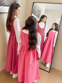 Girls' Casual Striped Long Sleeve Peter Pan Collar Blouse And Bib Pocket Maxi Skirt 2 Pieces Set, Comfortable For Daily Wear Pink Dress For Girls Girls Pink Long Sleeve Dress Pink Peter Pan Collar Dress Girls Modest Dress Girls Dress With Pockets - Pink - View 3