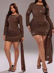 Rustia Plus Size Women's Solid Color Round Neck Long Sleeve Ruched Patchwork Tie Waist Elegant Dress Fall Cloth For Women - Brown - View 1