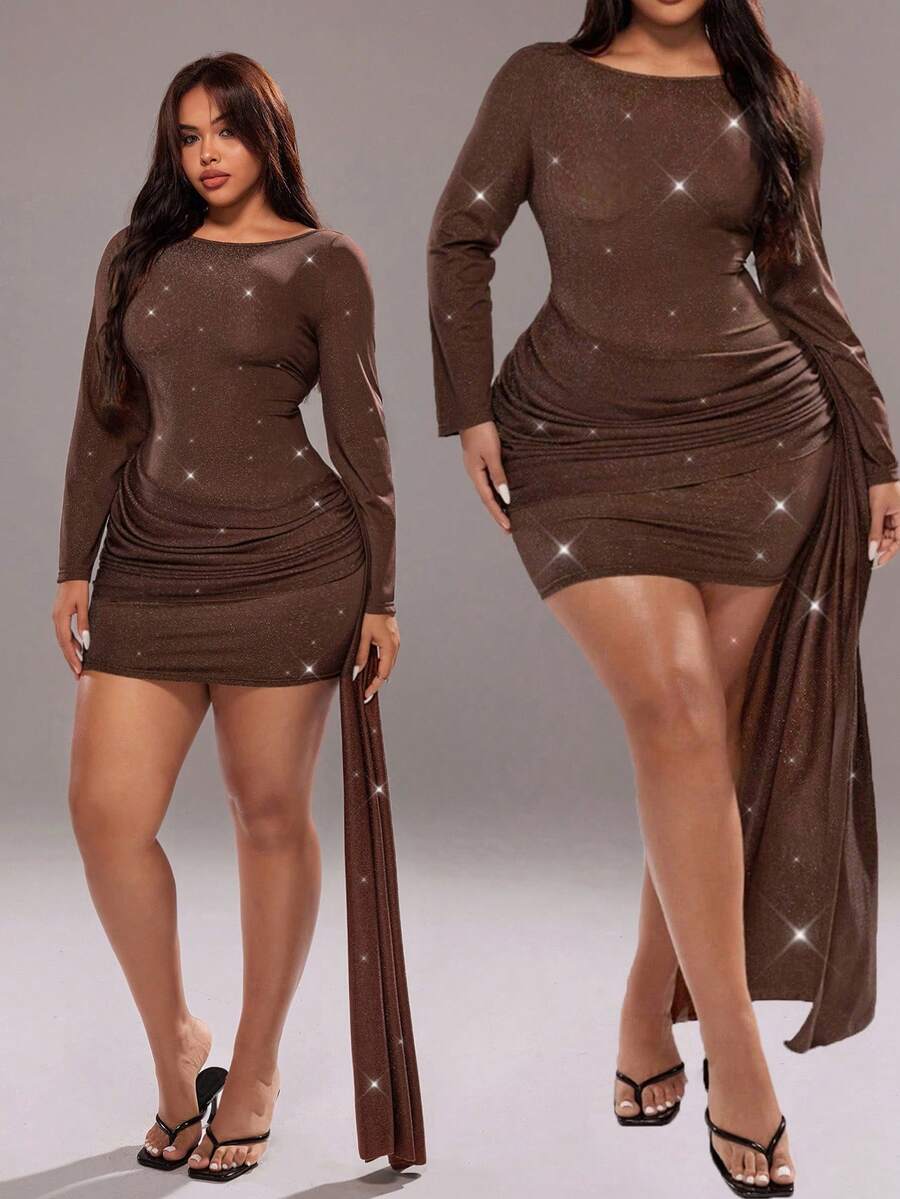 Rustia Plus Size Women's Solid Color Round Neck Long Sleeve Ruched Patchwork Tie Waist Elegant Dress Fall Cloth For Women - Brown - View 1