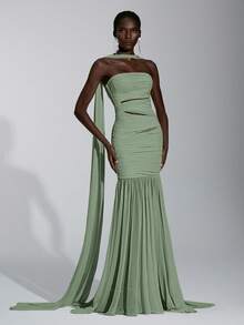 Elitara Elegant Luxurious Mustard Yellow Elastic Mesh Hollow Design Fitted Sexy Slit Fishtail Skirt, Suitable For Women's Formal Evening Gown - Mint Green - View 7