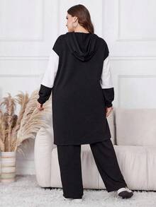 Lacomfia Bộ 2 món áo hoodie tay dài và quần dài họa tiết chắp vá màu trơn cỡ lớn - Bụi hồng - Xem 2