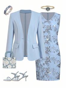 Ellevyn Women's Autumn/Winter Fashion Commuter Jacket & Sequin Decor Dress Blue Set - Blue - View 2