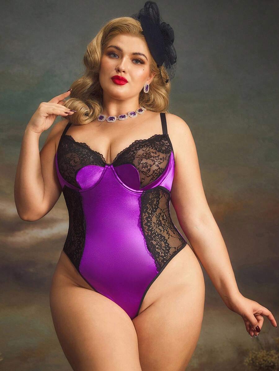 Spicy Aura Plus Size Women Contrast Lace Sexy Lingerie Bodysuit - Purple - View 1