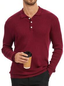 Manfinity Dauomo Men's Solid Color Polo Neck Long Sleeve Casual Sweater - Burgundy - View 6