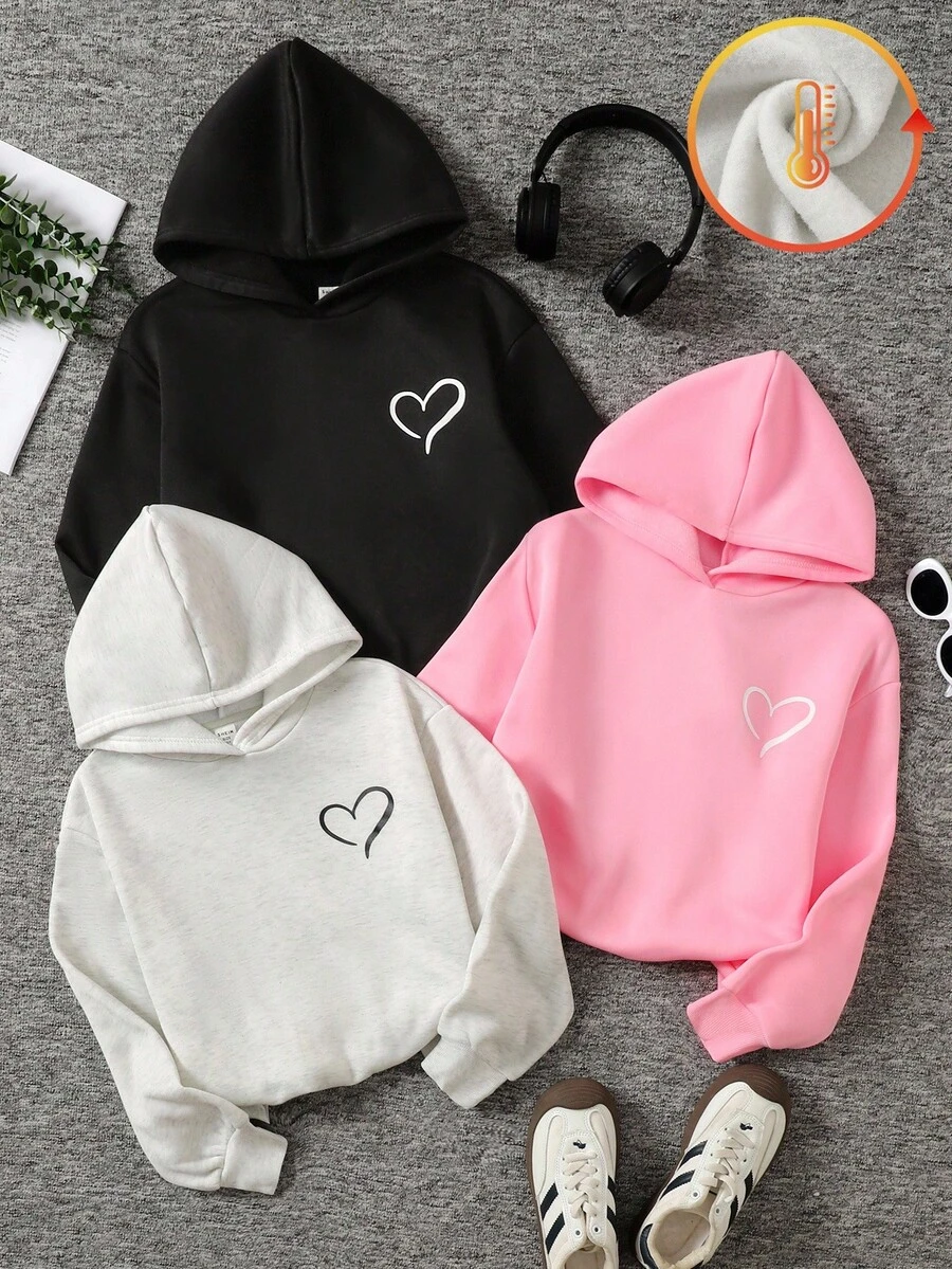 3pcs/Set Tween Girls' Loose Casual Comfortable Soft Versatile Heart Print Sweatshirt,In Fall/Winter - Baby Pink - View 1