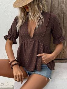 LanaWest Women Cutout V-Neck Puff Sleeve Blouse - Coffee Brown - View 3