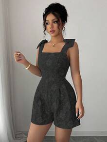 Elenzga 女士无袖方领蝴蝶结纹理面料连体裤，适合音乐节 - 黑色 - 查看 6