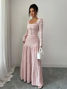 Selianne Women's Pink Textured Fabric Casual Vacation Style Long Sleeve Square Neck Button-Up Top With Paneled Design And Flared Maxi Skirt 2 Pieces Set, Autumn Fall Cloth For Women - Pink - View 3