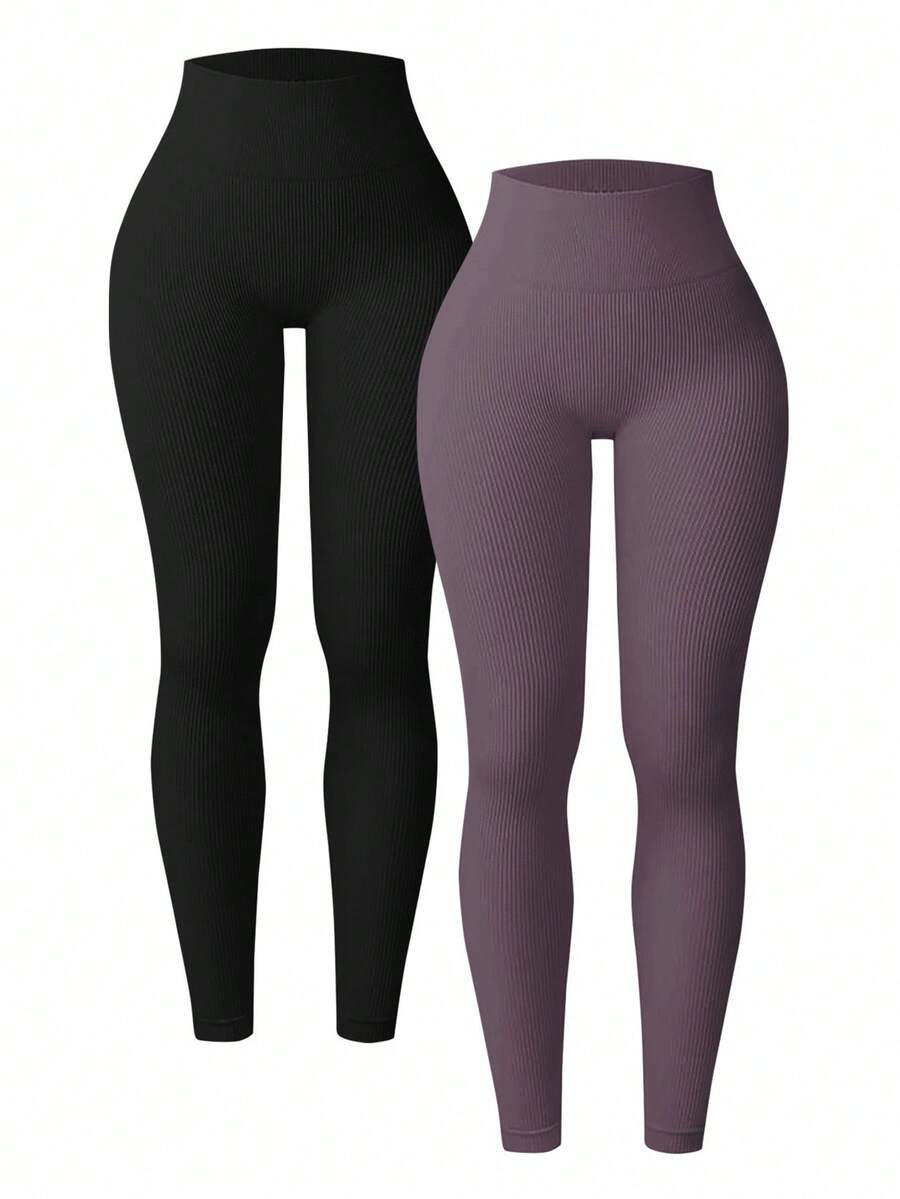 Easithlete 2 条装女式罗纹紧身裤 - 高腰收腹提臀修身瑜伽裤，适合健身、运动、跑步、骑行、瑜伽、泡菜球运动，休闲两件套紧身裤套装，无缝紧身裤瑜伽裤套装 - 彩色 - 查看 1