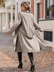 Vionelle Damen Große Größen Klassisch Lässig Minimalistisch Kragen Taillengürtel Knopftasche Mantel in Knielänge, Herbst/Winter Herbst Fall