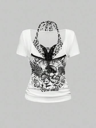 Grunge Punk Camiseta ajustada de mujer con estampado de calavera y cruz, y estampado de leopardo 2 en 1, adecuada para conciertos y festivales