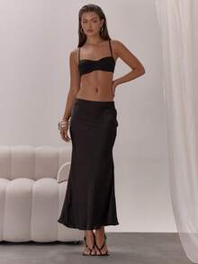 MUSERA 缎面低腰飘逸半身裙，优雅性感，适合夜晚外出、度假、冬季派对、秋季假日等场合。 - 黑色 - 查看 5