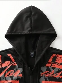 ROMWE MEN Street Life Men's Retro Street Style Letter & Number Print Zip-Up Hoodie, Fall - Black - View 3