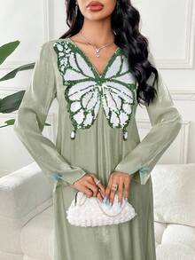 Yasmyna 女士优雅V领长袖亮片蝴蝶连衣裙 - 綠色 - 查看 3