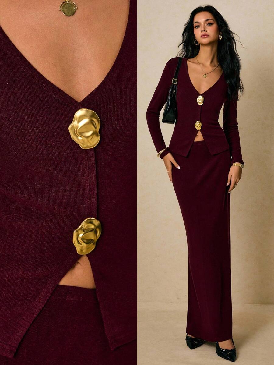 Poéselle 2 件套女士金属花朵 V 领长袖上衣和紧身迷你裙，时尚 - 酒紅色 - 查看 1