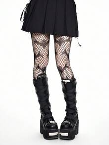 ROMWE Grunge Punk 1 Pair Dark Gothic Bat Print Fishnet Tights - Black - View 3
