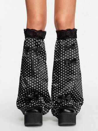 1 Pair Black Vintage Cute Harajuku Style White Polka Dot Bow Lace Splice Fashion Leg Warmers, Suitable For Daily Outfit, Music Festival, Anime Convention, A Great Fashion Accessory