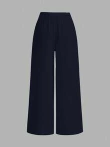 SHEIN EZwear 女士休闲海军蓝马匹图案阔腿裤，适合夏季，适合度假 - 藏蓝色 - 查看 3