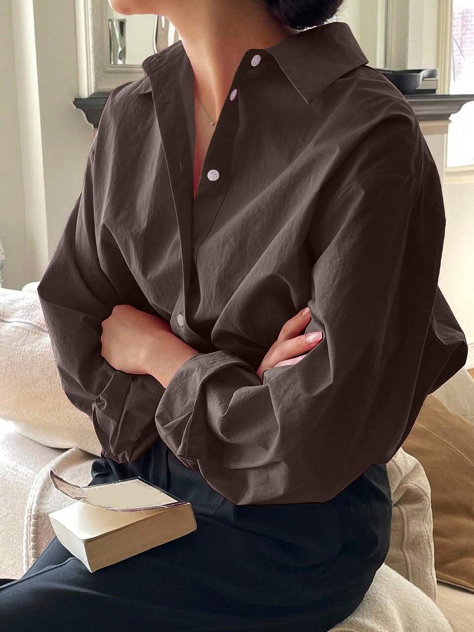 Casual Solid Color Long Sleeve Shirt, Suitable For Commuting