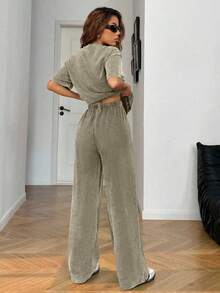 SHEIN EZwear Plus Size Black Short Sleeve T-Shirt & Long Pants Set - Army Green - View 2