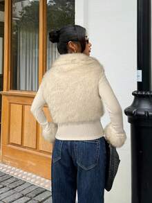 Muchica 杏色仿皮草拉链长袖女式夹克，时尚街头风格，秋冬