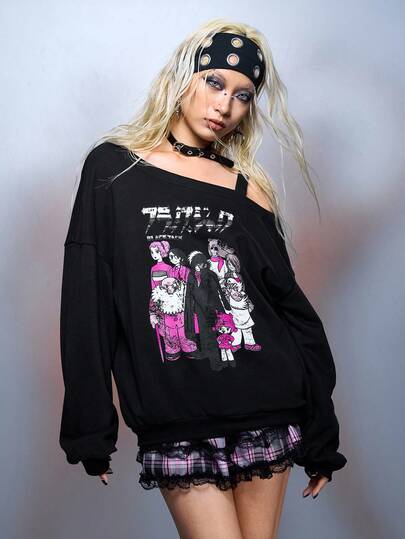 Black Jack X ROMWE Sweat-shirt-shirt ample à épaules obliques avec motif portrait décontracté pour femmes, automne