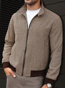 Manfinity CasualCool Áo khoác kẻ caro kéo khóa cổ điển thường ngày dành cho nam, mùa thu - Cà phê nâu - Xem 1