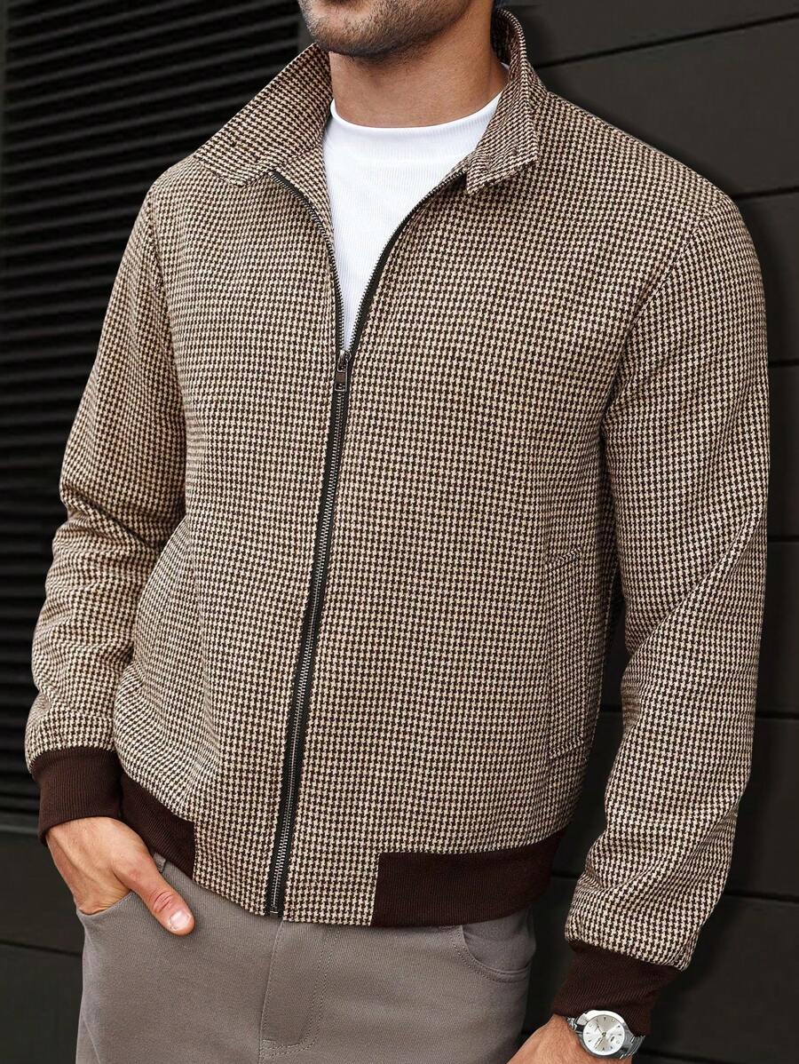 Manfinity CasualCool Áo khoác kẻ caro kéo khóa cổ điển thường ngày dành cho nam, mùa thu - Cà phê nâu - Xem 1
