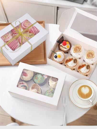 SHEIN 5pcs/12PCS 12 Count Cupcake Boxes With Transparent Window - Disposable Pastry Holder For Cookies, Snacks, And Desserts - Perfect For Daily Home Baking And Parties School Supplies Food Bag Food Box Suitable For Candy Chocolate Cookies Etc.