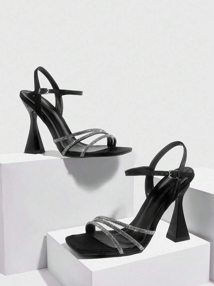 CUCCOO SZL Black Satin Grosgrain Silver Rhinestone Thin Strap Buckle Closure Fashionable Sexy Square Toe Chunky High Heel Sandals