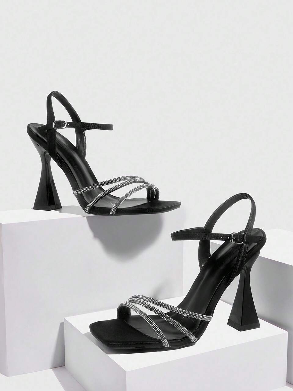CUCCOO SZL Black Satin Grosgrain Silver Rhinestone Thin Strap Buckle Closure Fashionable Sexy Square Toe Chunky High Heel Sandals