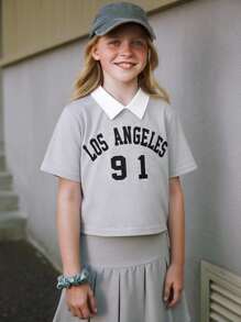 2 件套青少年女孩美式学院风衬衫领字母印花休闲短袖上衣和百褶裙套装