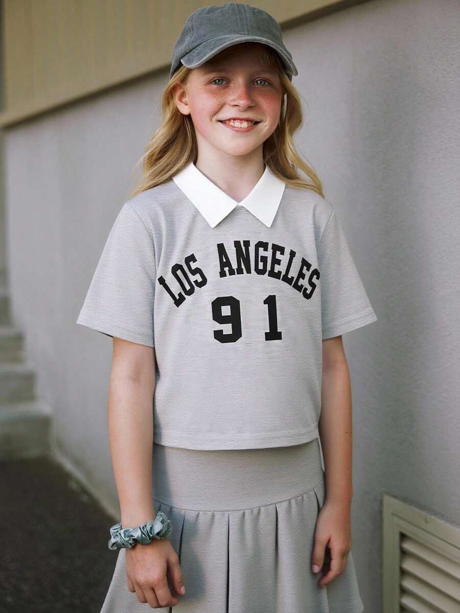 2 件套青少年女孩美式学院风衬衫领字母印花休闲短袖上衣和百褶裙套装