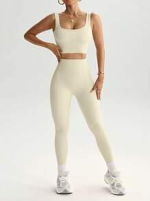 SHEIN Sports 2 件无缝高弹力瑜伽套装运动服健身套装罗纹背心收腹紧身裤健身女套装健身房女装 - 杏色 - 查看 7