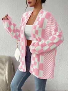 EMERY ROSE Minimalist Comfortable Checkered Cardigan, Spring/Autumn Fall Winter Cloth For Women - Baby Pink - View 5