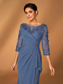 Serin 女士优雅雪纺面料圆领薄纱长袖褶皱亮片贴花装饰迷你鱼尾裙，适合新娘母亲婚礼、正式活动、音乐节、派对、情人节等场合。 - 霧霾藍 - 查看 6