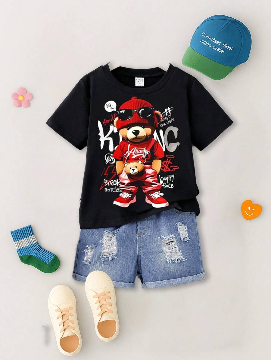 GraphicGems Young Boy 2pcs Set: Customized T-Shirt And Denim Shorts, School, Campus, College - Black - View 1