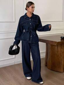 DAZY Autumn/Winter New Loose Casual Distressed Wash Waist Cinched Women Denim Suit