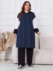 Lacomfia Plus Size Solid Color Patchwork Long Sleeve Hoodie And Pants 2pcs Set 2 Pieces Set - Navy Blue - View 5