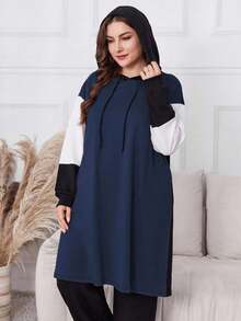 Lacomfia Plus Size Solid Color Patchwork Long Sleeve Hoodie And Pants 2pcs Set 2 Pieces Set - Navy Blue - View 6