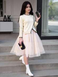 少女优雅休闲圆领白色开衩下摆毛衣，不对称下摆针织上衣，秋季新款 - 杏色 - 查看 8