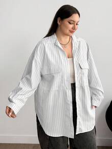 Enliva Plus Size Women's White Striped Loose Blouse, Long Sleeve Plus Size Shirt/Autumn /Winter - White - View 5