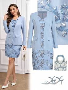 Ellevyn Women's Autumn/Winter Fashion Commuter Jacket & Sequin Decor Dress Blue Set - Blue - View 1
