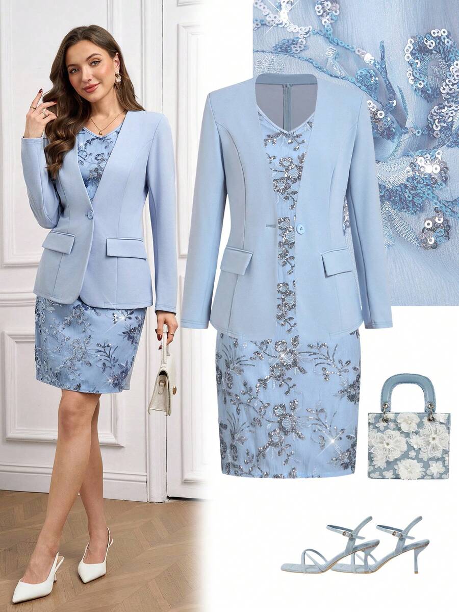 Ellevyn Women's Autumn/Winter Fashion Commuter Jacket & Sequin Decor Dress Blue Set - Blue - View 1
