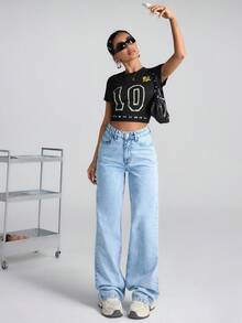 EURMUSE HIGH WAIST Straight Leg Jeans Snow Wash Women S Clothes Woman S Summer Clothes Women S Bottoms Wide Leg Jeans - Medium Wash - View 5