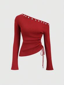 Sweetra Nouveau Top tricoté ajusté avec taille cintrée, épaule asymétrique et décorations de boutons, en rouge ample - Rouge - Voir 3