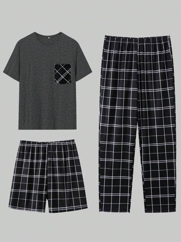3pcs Men Loose Fit Short Sleeve Top And Shorts & Pants Pajama Set  Sleepwear Loungwear